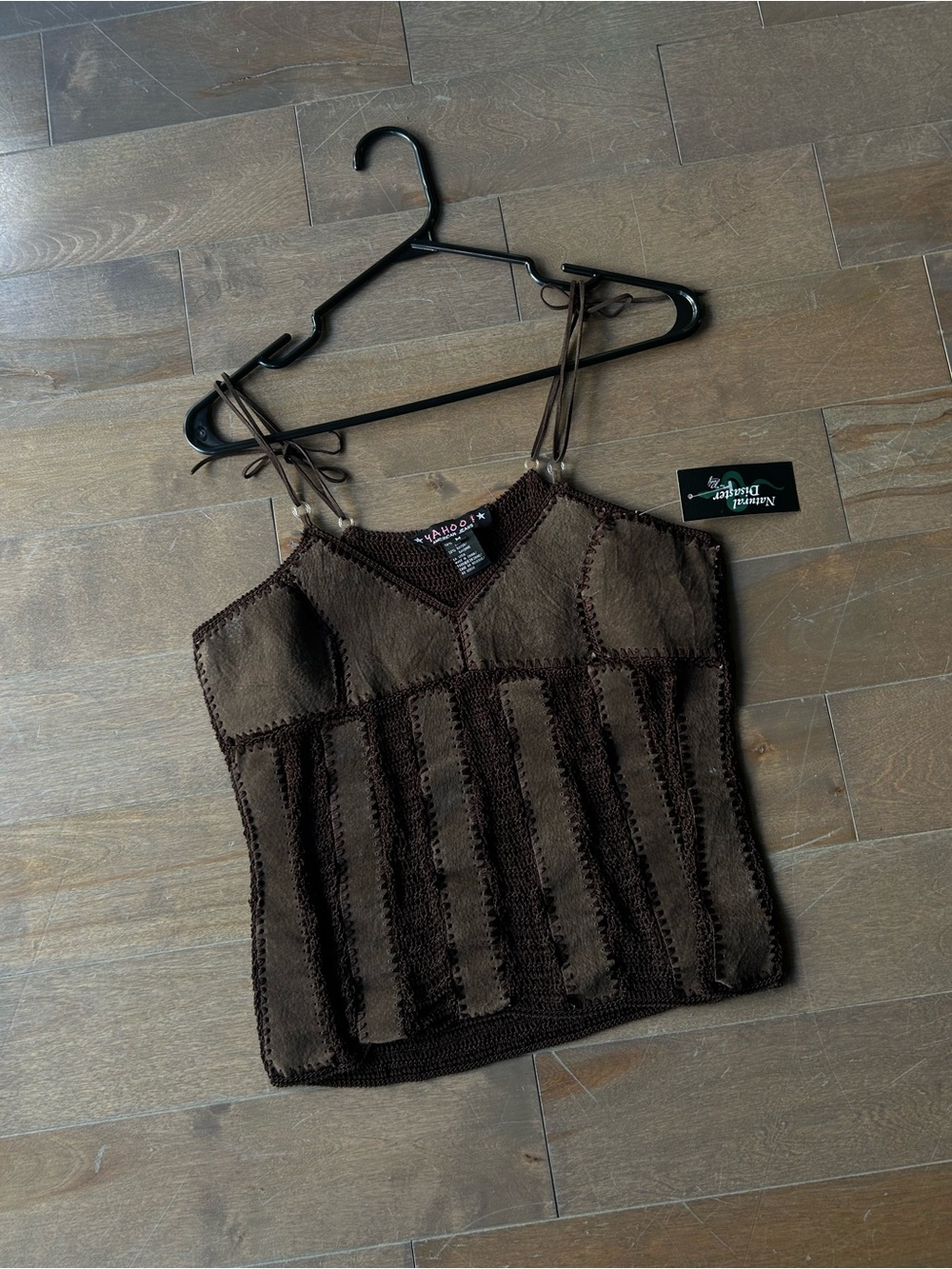 Brown suede upcycled Crochet-Trimmed V-Neck Cami Tank Top